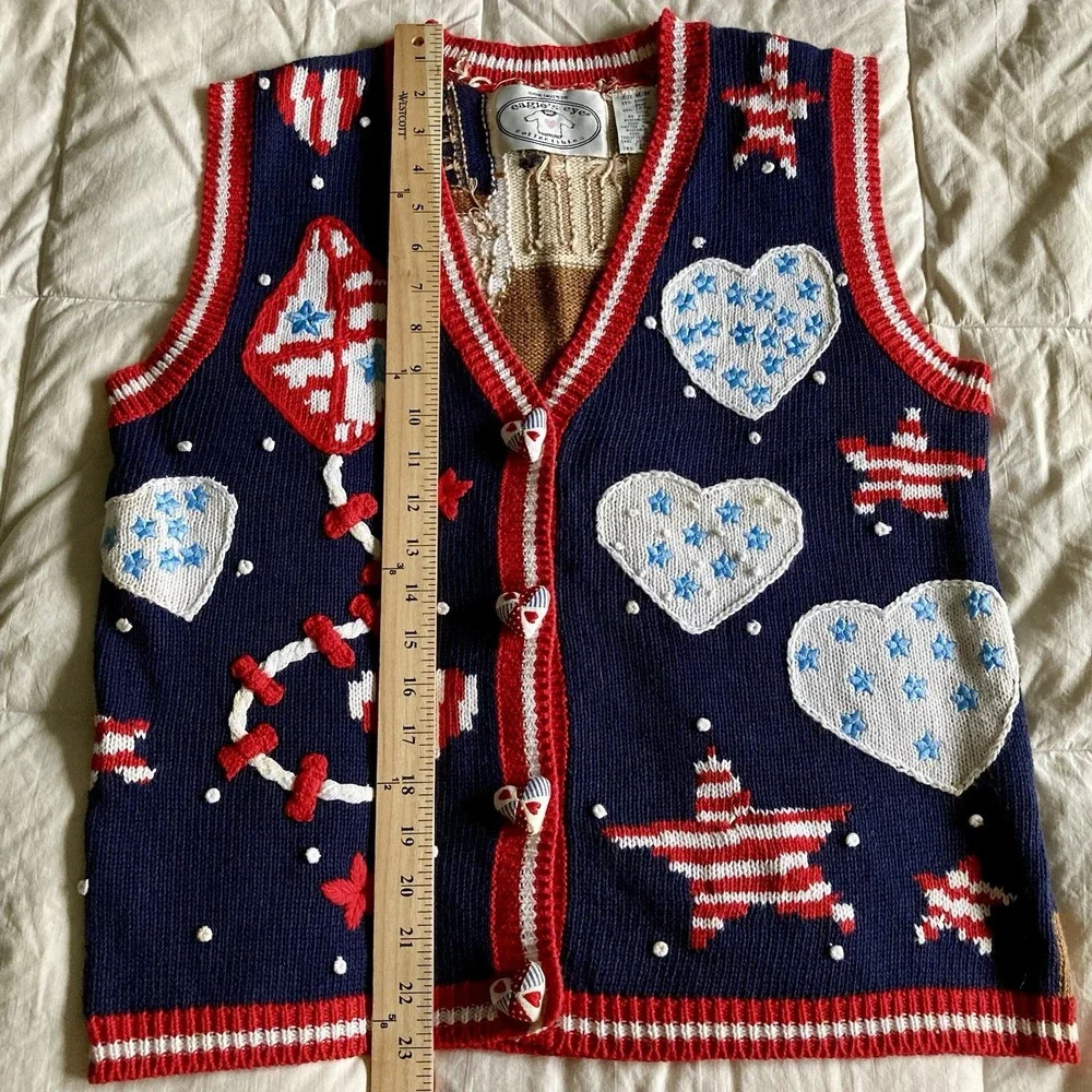Vtg 1996 Eagles Eye Hand Knit Sweater Vest 3D Americana Marching Band USA Med